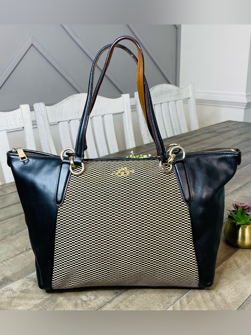 COACH F57246 Legacy Exploded Jacquard Ava Tote Bag Black Leather Cream Woven